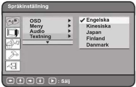 Spräkinställning OSD Meny Audio Textning Engelska Kinesiska Japan Finland Danmark : Sälj