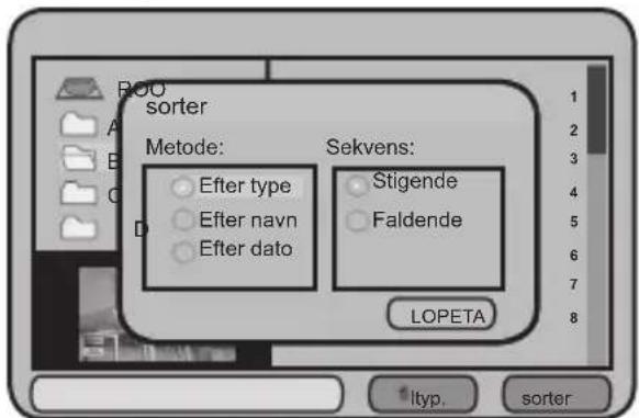 sorter Metode: Efter type Efter navn Efter dato Sekvens: Stigende Faldende LOPETA typ. sorter