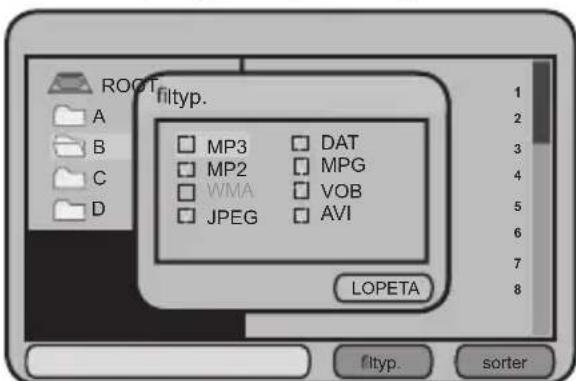 ROOT A B C D fityp. MP3 MP2 VWA JPEG DAT MPG VOB AVI LOPETA 1 2 3 4 5 6 7 8 fityp. sorter