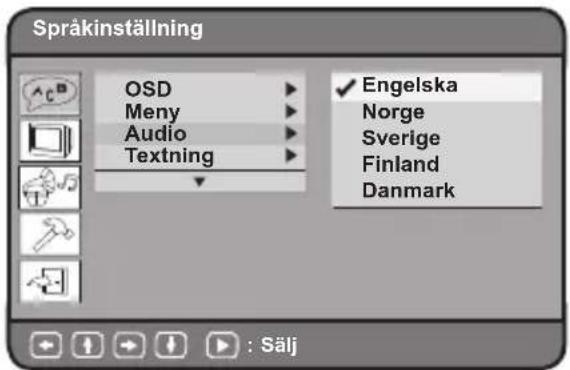 Spräkinställning OSD Meny Audio Textning Engelska Norge Sverige Finland Danmark : Sälj