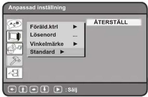 Anpassad inställning Föräld.ktrl ▶ Lösenord ... Vinkelmärke ▶ Standard ▶ ÄTERSTÄLL : Sälj