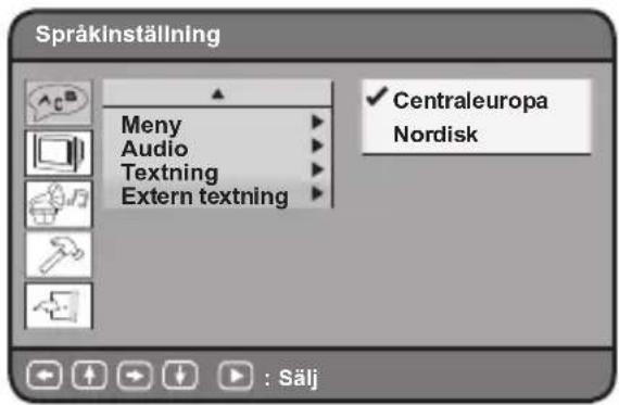 Spräkinställning Meny Audio Textning Extern textning ✓ Centraleuropa Nordisk : Sälj