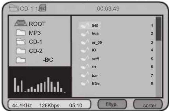 CD-1 1 00:03:49 ROOT MP3 CD-1 CD-2 -B/C 040 hua er_05 IO sdff rrr bar BGs 1 2 3 4 5 6 7 8 44.1KHz 128Kbps 05:10 filtyp. sorter