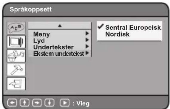 Språkoppsett Meny Lyd Undertekster Ekstem undertekst ✓ Sentral Europeisk Nordisk : Vleg