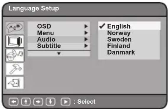 Language Setup OSD Menu Audio Subtitle ✓ English Norway Sweden Finland Danmark : Select
