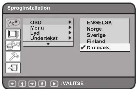 Sproginstallation OSD Menu Lyd Undertekst ENGELSK Norge Sverige Finland ✓ Danmark :VALITSE