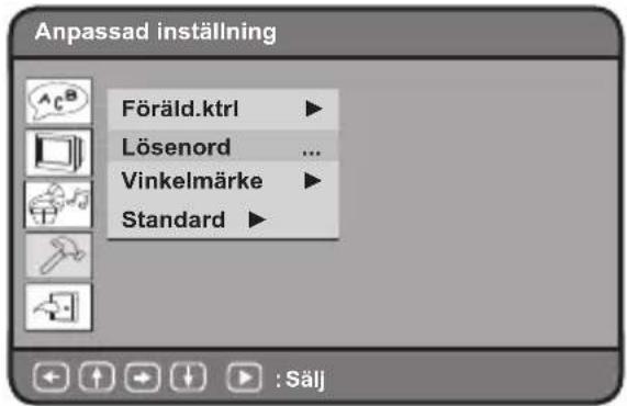 Anpassad inställning Föräld.ktrl ▶ Lösenord ... Vinkelmärke ▶ Standard ▶ : Sälj