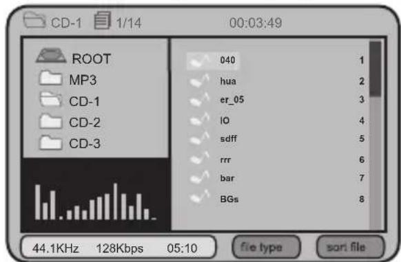 CD-1 1/14 00:03:49 ROOT MP3 CD-1 CD-2 CD-3 040 1 hua 2 er_05 3 IO 4 sdff 5 rrr 6 bar 7 BGs 8 44.1KHz 128Kbps 05:10 file type sort file