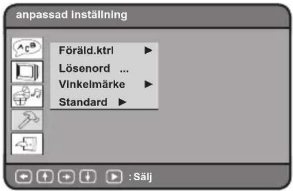 anpassad Inställning Föräld.ktrl ▶ Lösenord ... Vinkelmärke ▶ Standard ▶ : Sälj
