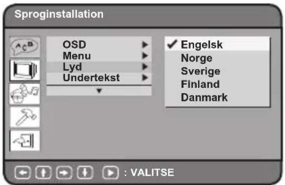 Sproginstallation OSD Menu Lyd Undertekst Engelsk Norge Sverige Finland Danmark : VALITSE
