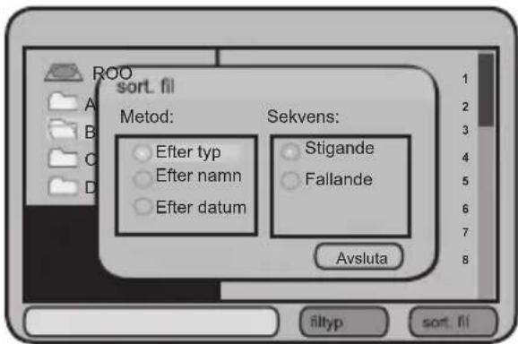 ROO sort. fil A B C D Method: Efter typ Efter namn Efter datum Sekvens: Stigande Fallande Avsluta filtyp sort. fil