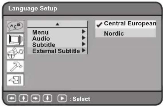 Language Setup Menu Audio Subtitle External Subtitle ✓ Central European Nordic : Select
