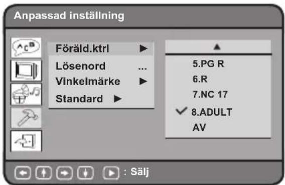 Anpassad inställning Föräld.ktrl ▶ Lösenord ... Vinkelmärke ▶ Standard ▶ 5.PG R 6.R 7.NC 17 ✓ 8.ADULT AV : Sälj