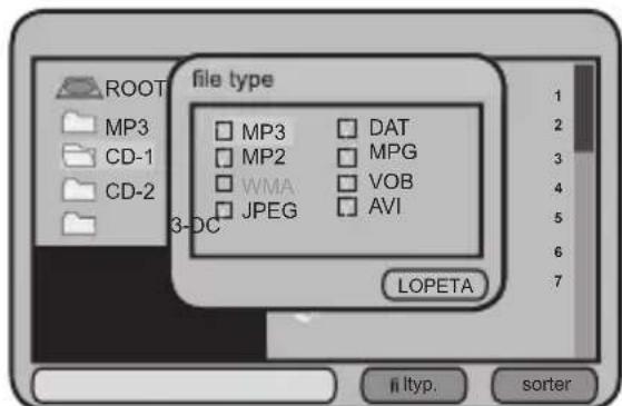 root MP3 CD-1 CD-2 3-DC file type MP3 MP2 WMA JPEG DAT MPG VOB AVI LOPETA in ltyp. sorter