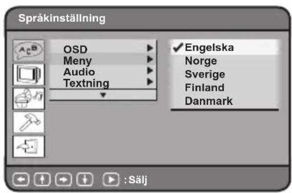 Språkinställning OSD Meny Audio Textning Engelska Norge Sverige Finland Danmark : Sälj