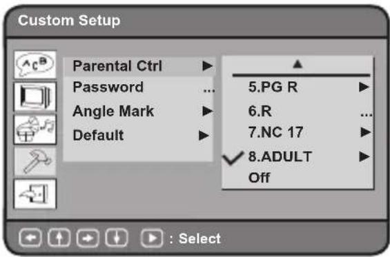 Custom Setup Parental Ctrl ▶ Password ... Angle Mark ▶ Default ▶ 5.PG R ▶ 6.R ... 7.NC 17 ▶ 8.ADULT ▶ Off : Select