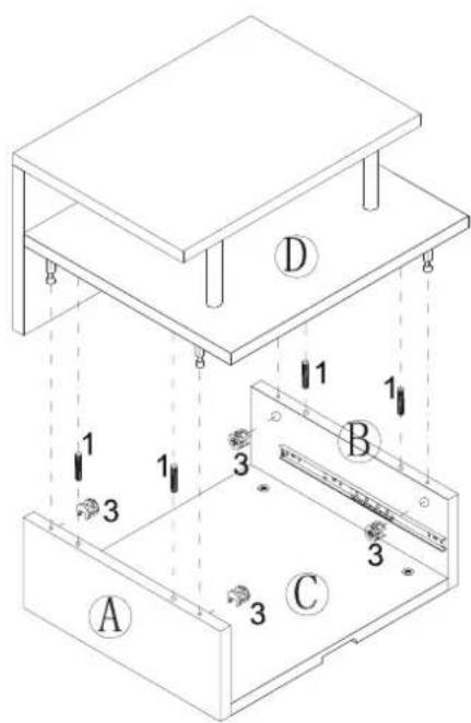 Technical diagram of a mechanical assembly with labeled components A, B, C, D and numbered parts 1, 2, 3