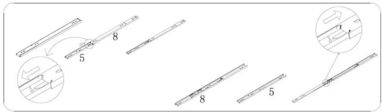 Technical diagram showing assembly steps of a mechanical component with numbered parts and directional arrows indicating motion or movement.
