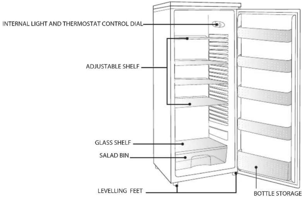 INTERNAL LIGHT AND THERMOSTAT CONTROL DIAL ADJUSTABLE SHELF GLASS SHELF SALAD BIN LEVELLING FEET BOTTLE STORAGE