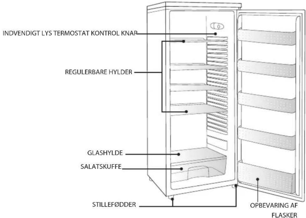 INDVENDIGT LYS TERMOSTAT KONTROL KNAP REGULERBARE HYLDER GLASHYLDE SALATSKUFFE STILLEF∅DDER OPBEVARING AF FLASKER
