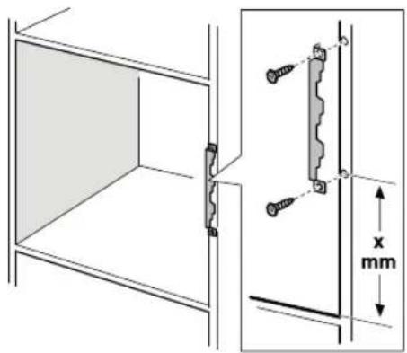 Technical diagram showing a cabinet with a wall-mounted screw and a close-up of a mechanical component with dimension标注 'x mm'