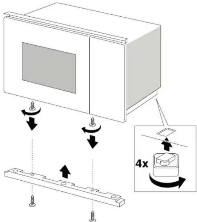 Diagram illustrating screw installation and 4x speed adjustment on a device panel, with labeled components and directional arrows.