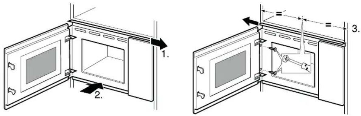 Technical diagram showing two views of a microwave oven with labeled components and dimension annotations