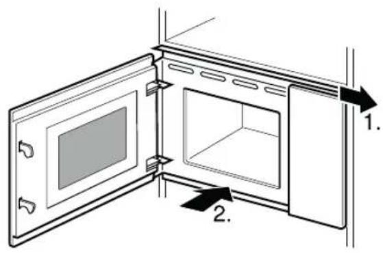 Diagram of a microwave oven with labeled parts and directional arrows indicating assembly or installation steps.