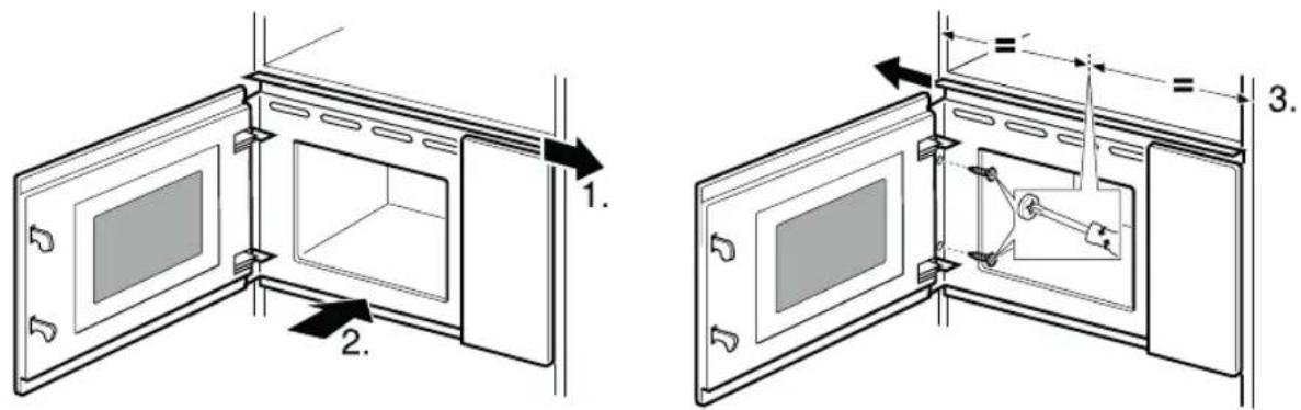 Technical diagram showing two views of a microwave oven with labeled components and dimension annotations