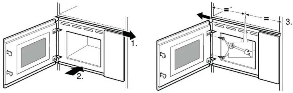 Technical diagram showing two views of a microwave oven with labeled components and dimension annotations