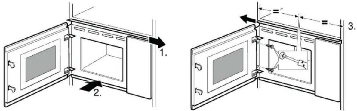 Technical diagram showing two views of a microwave oven with labeled components and dimensions