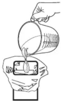Line drawing of a hand pouring liquid from a cup into a container (no text or symbols)