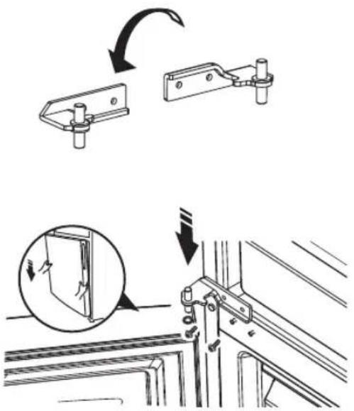 Technical diagram showing mechanical assembly steps with arrows indicating direction and magnified detail view
