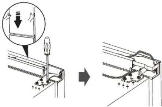 Technical diagram showing a mechanical assembly process with an inset magnified view of a component being lowered.