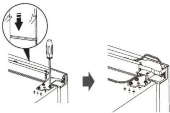 Technical diagram showing a mechanical assembly process with an inset magnified view of a component being lowered.