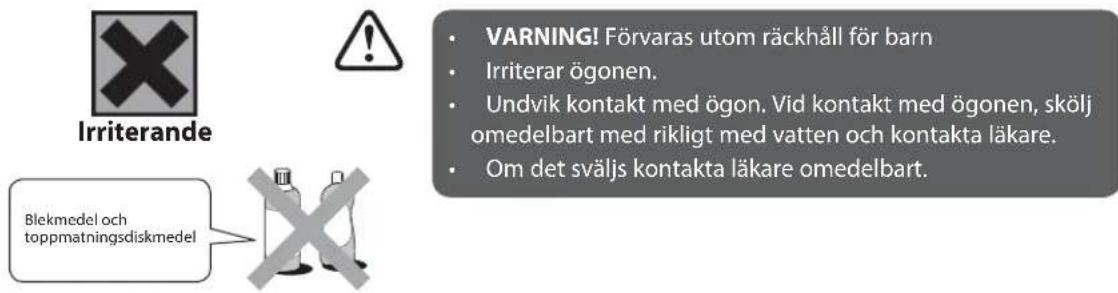Irriterande Blekmedel och toppmatningsdiskmedel VARNING! Förvaras utom räckhåll för barn Irriterar ögonen. Undvik kontakt med ögon. Vid kontakt med ögonen, skölj omedelbart med rikligt med vatten och kontakta läkare. Om det sväljs kontakta läkare omedelbart.