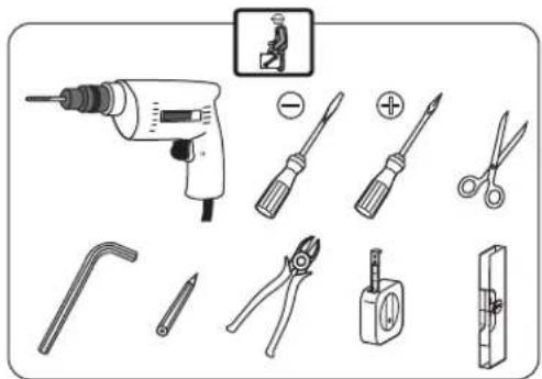 Diagram showing various types of electrical tools including a drill, screwdriver, pliers, and switch components with an instructional icon.