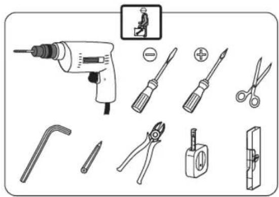 Diagram showing various types of electrical tools including a drill, screwdriver, pliers, and switch components with labeled icons.