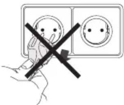 Safety warning sign showing a person crossed with a crossed-out 'X' symbol, next to an electrical outlet panel.