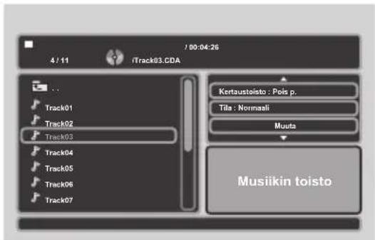 4 / 11 iTrack03.CDA Track01 Track02 Track03 Track04 Track05 Track06 Track07 Kertaustoisto : Pois p. Tila : Normasi Musta Musiikin toisto