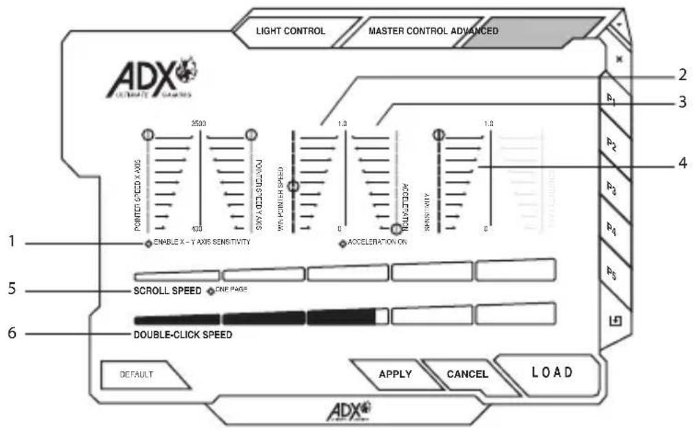 LIGHT CONTROL MASTER CONTROL ADVANCED ADX® 3500 400 ENABLE X - Y AXIS SENSITIVITY SCROLL SPEED ONE PAGE DOUBLE-CLICK SPEED DEFAULT APPLY CANCEL LOAD ACCELERATION ON 1.0 1.0 2 3 4 P1 P2 P3 P4 P5