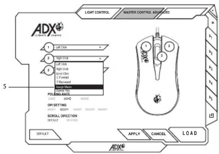 LIGHT CONTROL MASTER CONTROL ADVANCED ADX® UPRANTES GAMES 1 Left Click 2 Right Click 3 Left Click Right Click Scroll Click IE Forward IE Backward Assign Micro Special Key POLLING RATE 125HZ 500HZ 1000HZ DPI SETTING 400DPI 800DPI 1600DPI 3200DPI 3500DPI SCROLL DIRECTION DEFAULT REVERSE DEFAULT APPLY CANCEL LOAD ADX®
