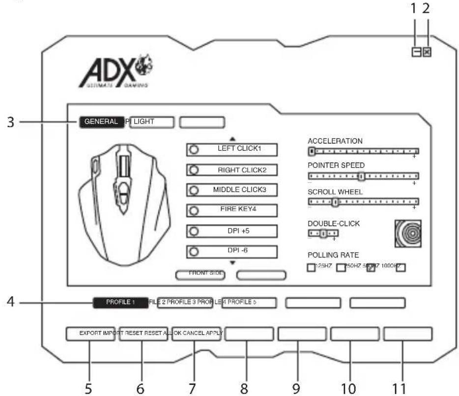 ADX ULTIMATE GAMINS GENERAL PI LIGHT LEFT CLICK1 RIGHT CLICK2 MIDDLE CLICK3 FIRE KEY4 DPI +5 DPI -6 ACCELERATION + POINTER SPEED + SCROLL WHEEL + DOUBLE-CLICK + POLLING RATE 125HZ 250HZ 500HZ 1000HZ FRONT SIDE PROFILE 1 FILE 2 PROFILE 3 PROFILE 4 PROFILE 5 EXPORT IMPORT RESET RESET AL I OK CANCEL APPLY 1 2 5 6 7 8 9 10 11