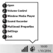 1 Open 2 Volume Control 3 Window Media Player 4 Sound Recorder 5 Multimedl Properties 6 Settings 7 Exit 10:00 1/10/2014