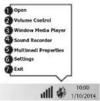 1 Open 2 Volume Control 3 Window Media Player 4 Sound Recorder 5 Multimed Properties 6 Settings 7 Exit 10:00 1/10/2014