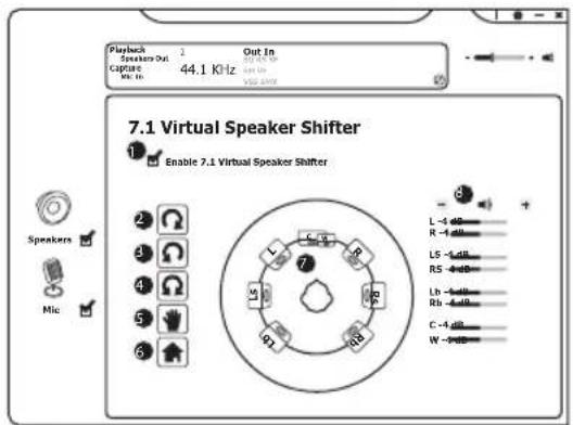 Playback Capture Vol. In 2 Out In 44.1 KHz VDD 7.1 Virtual Speaker Shifter Enable 7.1 Virtual Speaker Shifter Speakers Mic L -4 dB R -4 dB LS -4 dB R5 -4 dB Lb -4 dB Rb -4 dB C -4 dB W -4 dB