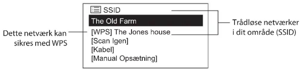 Dette netværk kan sikres med WPS SSID The Old Farm [WPS] The Jones house [Scan Igen] [Kabel] [Manual Opsætning] Trådløse netværker i dit område (SSID)