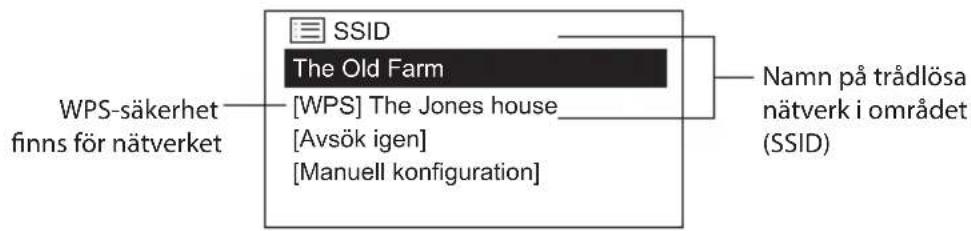 WPS-säkerhet finns för nätverket The Old Farm [WPS] The Jones house [Avsök igen] [Manuell konfiguration] Namn på trådlösa nätverk i området (SSID)