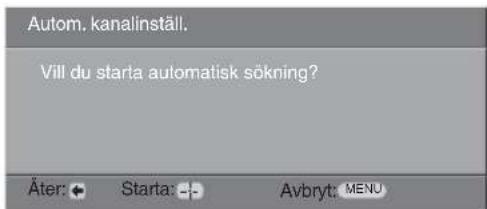 Autom. kanalinställ. Vill du starta automatisk sökning? Äter: Starta: Avbryt: MENU