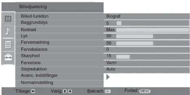Billedjustering Billed-funktion Baggrundslys Kontrast Lys Farvemætning Farvebalance Skarphed Farvetone Støjreduktion Avanc. indstillinger Normalindstilling Biograf 5 Max 50 50 0 15 Varm Auto Forlad: MENU